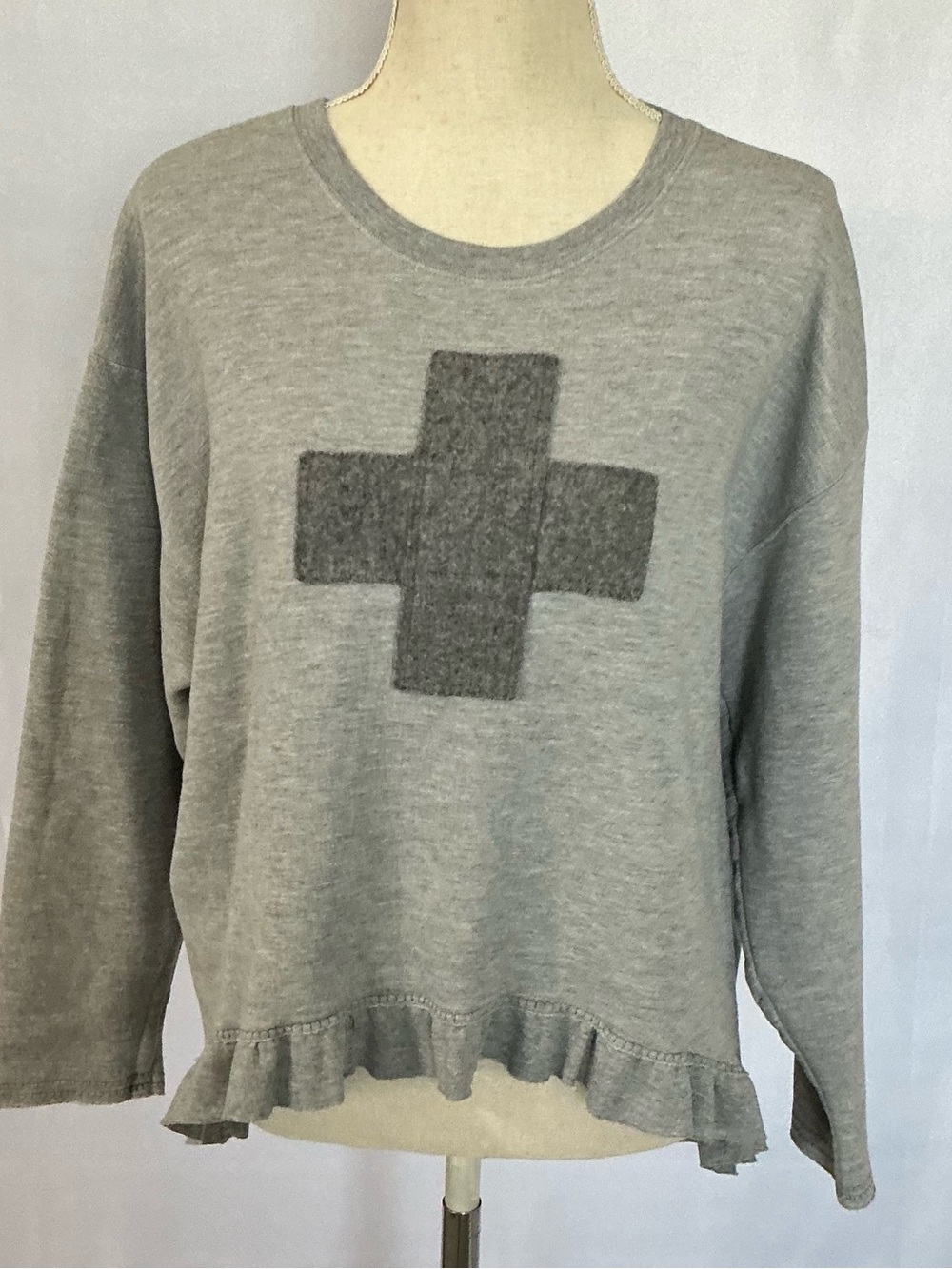Seams by Sarah Ruffle Swiss Cross Upcycled Wool Sweatshirt